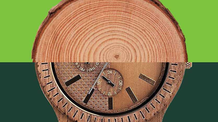 Poster showcasing sustainable watch made of wood